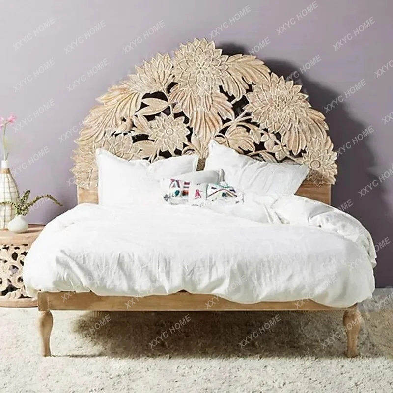 Rural retro solid wood bed hollow carved princess bed B & B log wind light luxury double bed