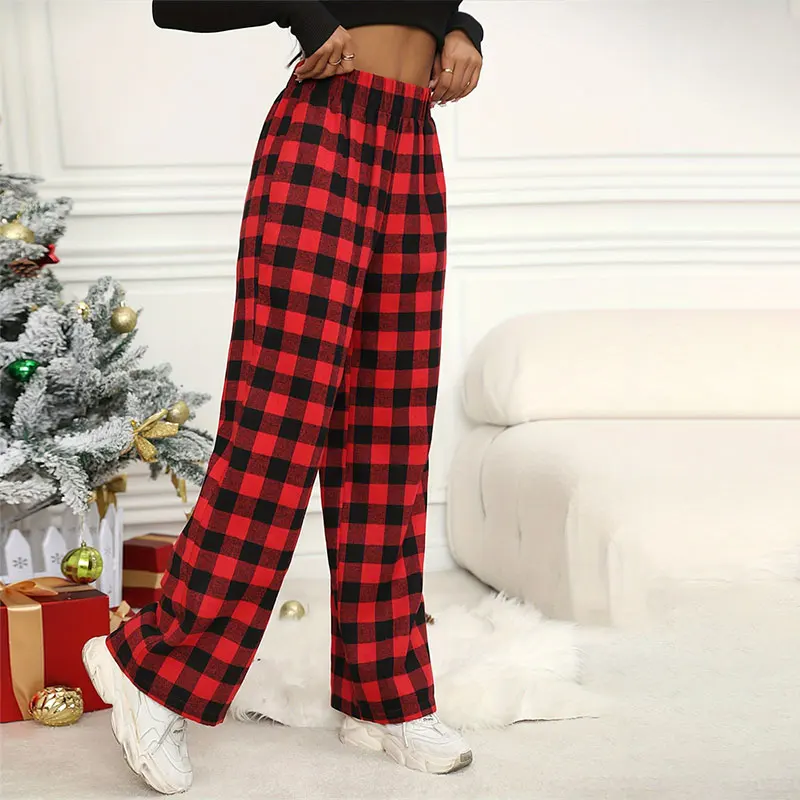 Women Christmas Pajama pants Autumn Winter Plaid Printed Pants Red Trousers Fashion Casual Wide Leg Pants Clothing Streetwear