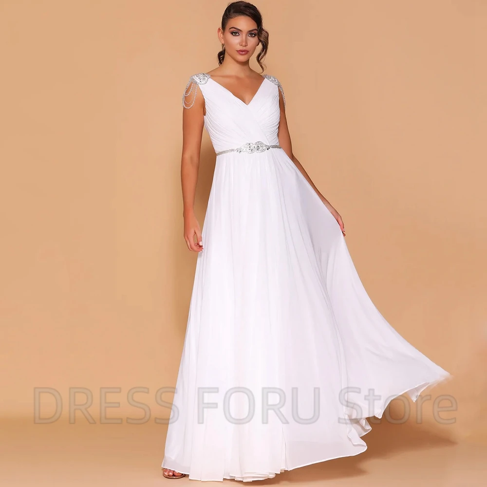 Elegant Sleeveless Chiffon Mother of Bride Dress Classic V-Neck Pleat A-Line Floor Length Beading Women Gowns for Wedding Party