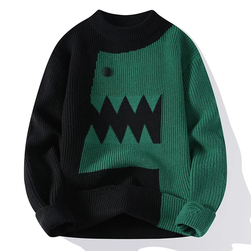 

Harajuku Fun Dinosaur Sweater Autumn and Winter Warm Knitwear 2024 New Couple Splicing Design Couple Knit Pullover