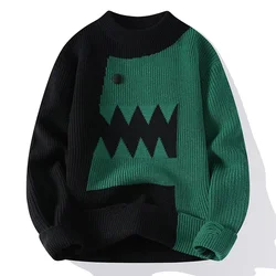 Harajuku Fun Dinosaur Sweater Autumn and Winter Warm Knitwear 2024 New Couple Splicing Design Couple Knit Pullover