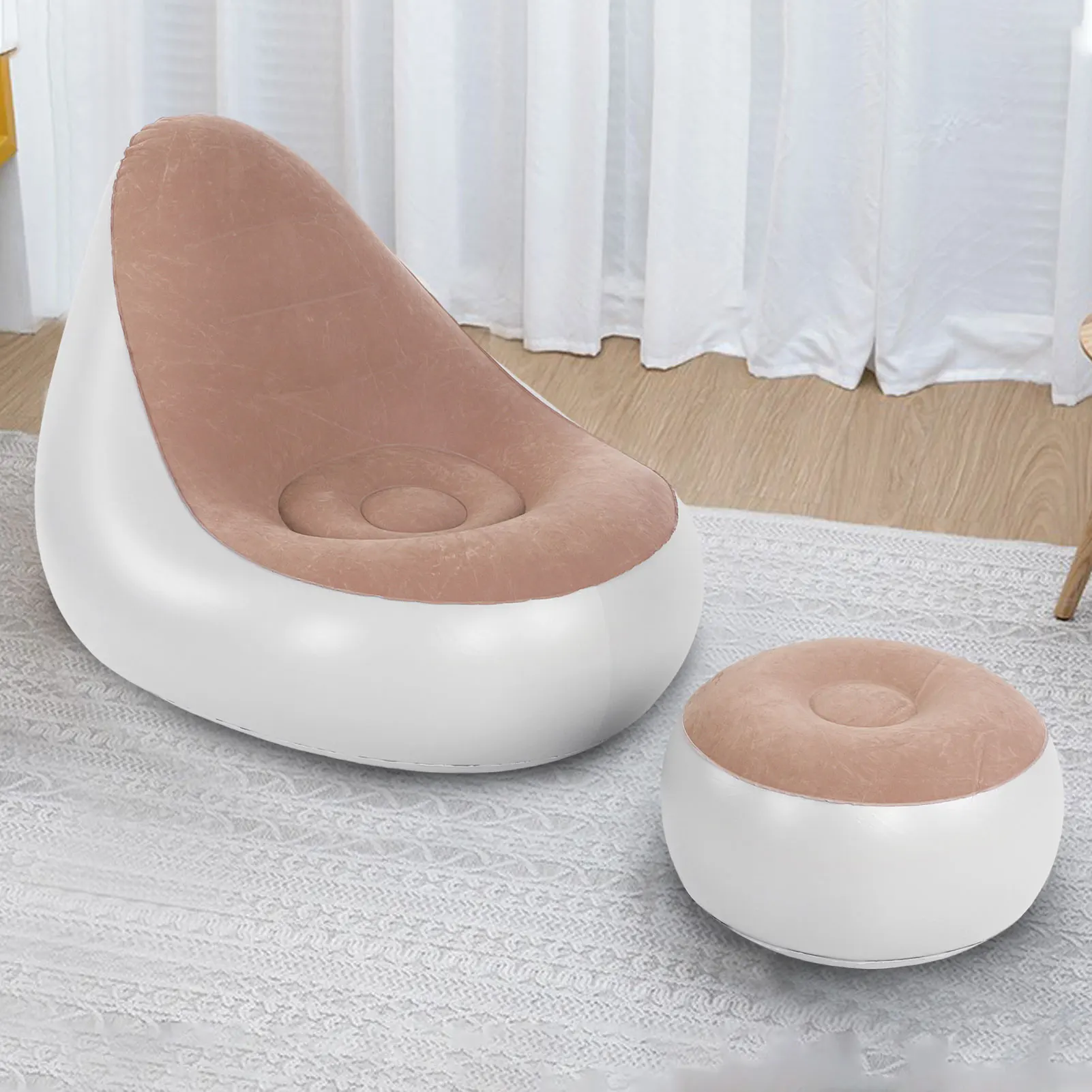 Outdoor Camp Inflatable Chair with Ottoman Flocked Water Proof Comfortable Blow Up Air Chair Brown Inflatable Chair with Ottoman