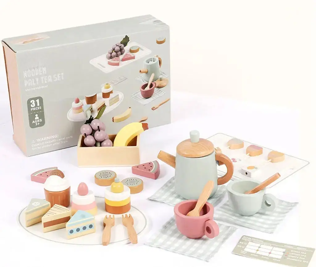 Wooden Afternoon Tea Playset, Kids Cutting Fruit Cake Toy, 31Pcs Kitchen Pretend Play Food Set for Toddlers