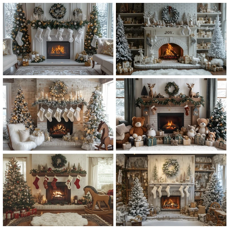 

White Retro Fireplace Christmas Photography Background Interior Fireplace Christmas Trees Backdrop for Kids Family Party Decor