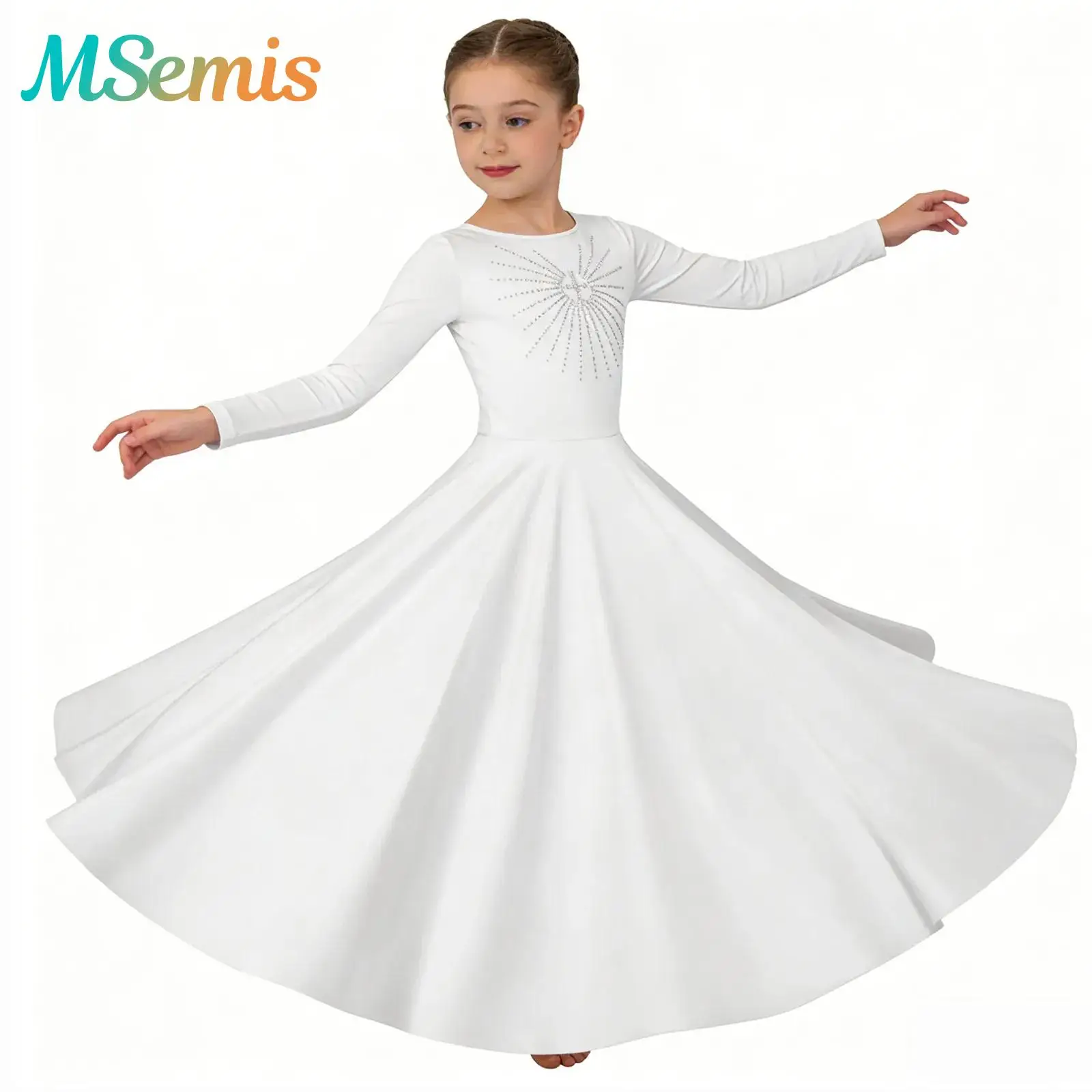 

Kids Girls Liturgical Praise Worship Ballet Lyrical Dance Dress Glittery Rhinestone Maxi Dress Church Choir Performance Costume
