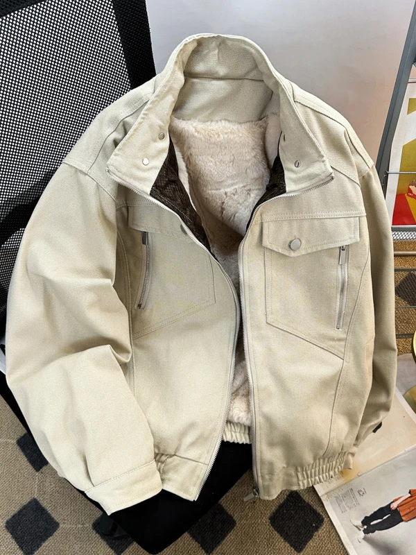 

Теплая хлопковая куртка на флисовой подкладке для мужчин, в американском стиле, рабочая одежда, с воротником-стойкой, зимняя, винтажная, морозостойкая, хлопковое пальто, верхняя одежда