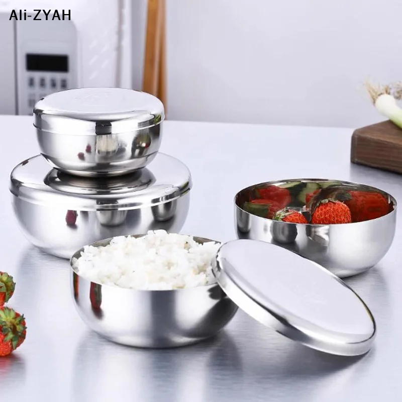 Stainless Steel Bowl Korean Big Cooked Rice Bowl With Cover Single Layer Steamed Rice Bowl Child Anti-Scalding/fall Tableware