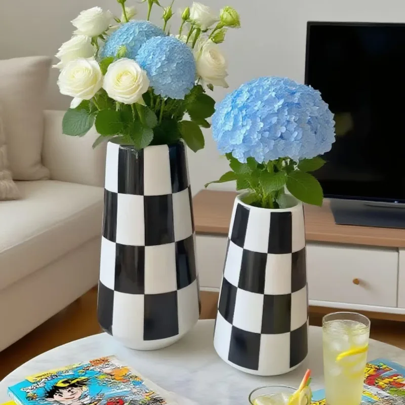 Jarrón de cerámica a cuadros en blanco y negro de estilo minimalista, maceta decorativa para el hogar, dormitorio, sala de estar, mesa de comedor.
