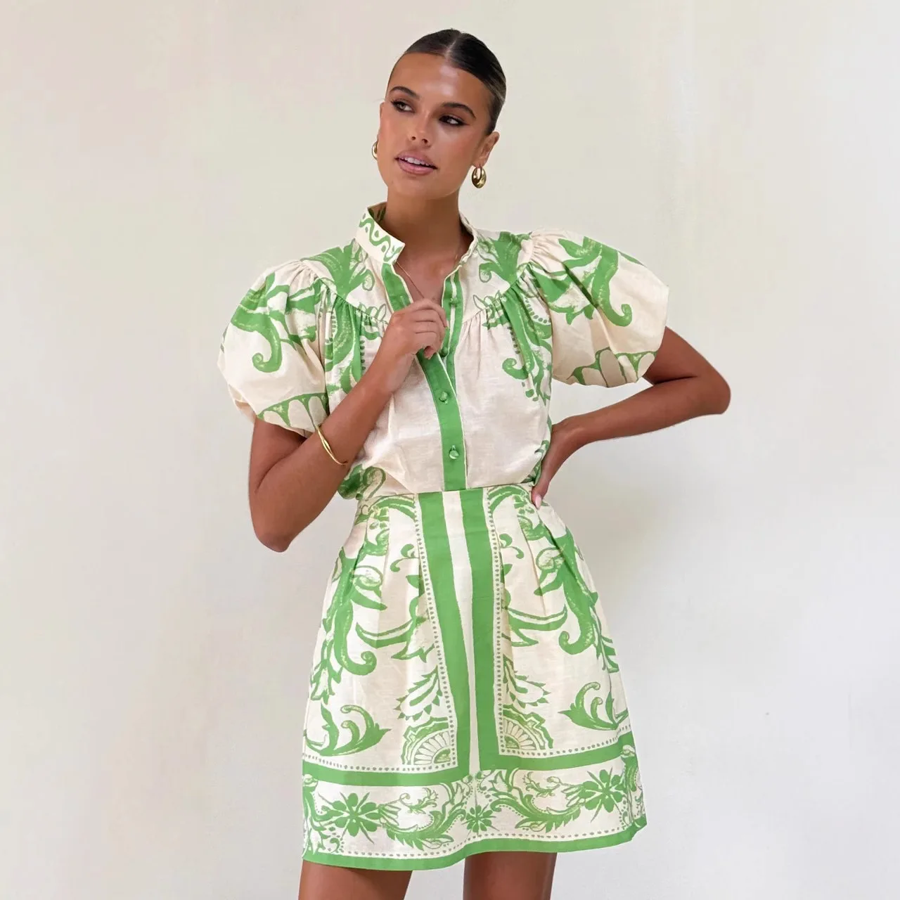 2025 New Summer Linen Skirt Suits Women's  Lantern Sleeve Tops + Vintage Print Flower A-Line Skirts Bohemian Outfits Elegant