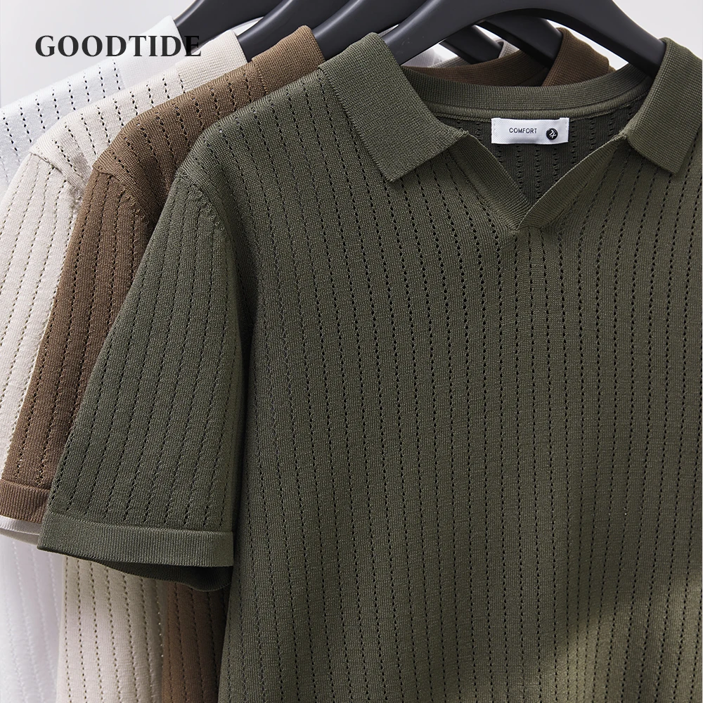 Men's Knitted Polo Shirt Solid Color Lapel T-shirt Fashion Brand Trend Loose Casual Short Sleeve T-shirt Top Men's Polo Shirt - Image 2
