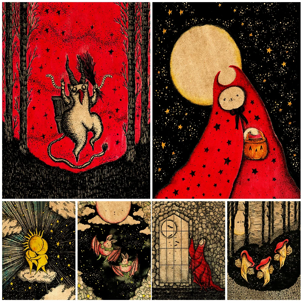 

Dancing Sun And Moon Vintage Wall Art Mushroom Elf,Ghost,Skeleton Flower And Frog Man Witchcraft Elements Poster And Print Decor