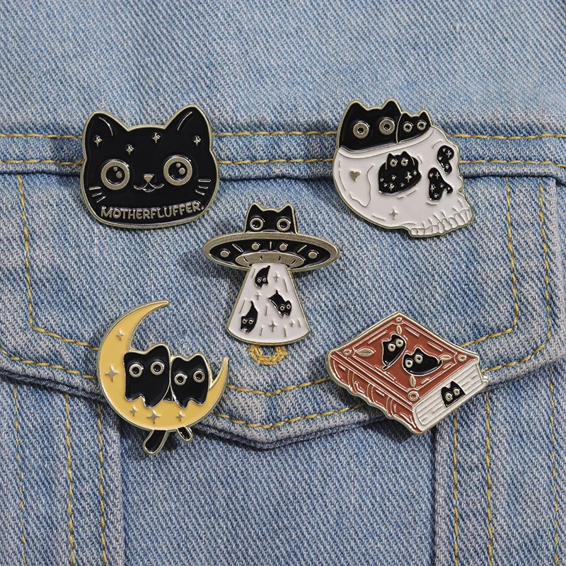 Badge Personalized Skull Head Magic Book Spaceship Design Badge Cute Black Cat Cartoon Animal