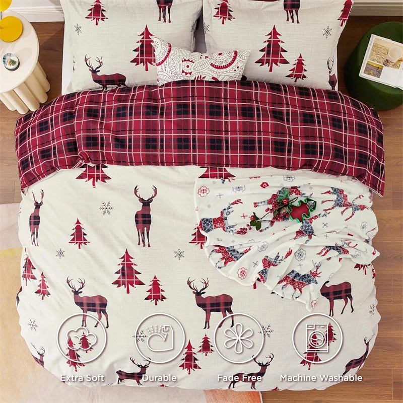 Christmas Duvet Cover Reversible Buffalo Check Printed Christmas Plaid Includes 1 Duvet Cover and 2 Pillow Shams