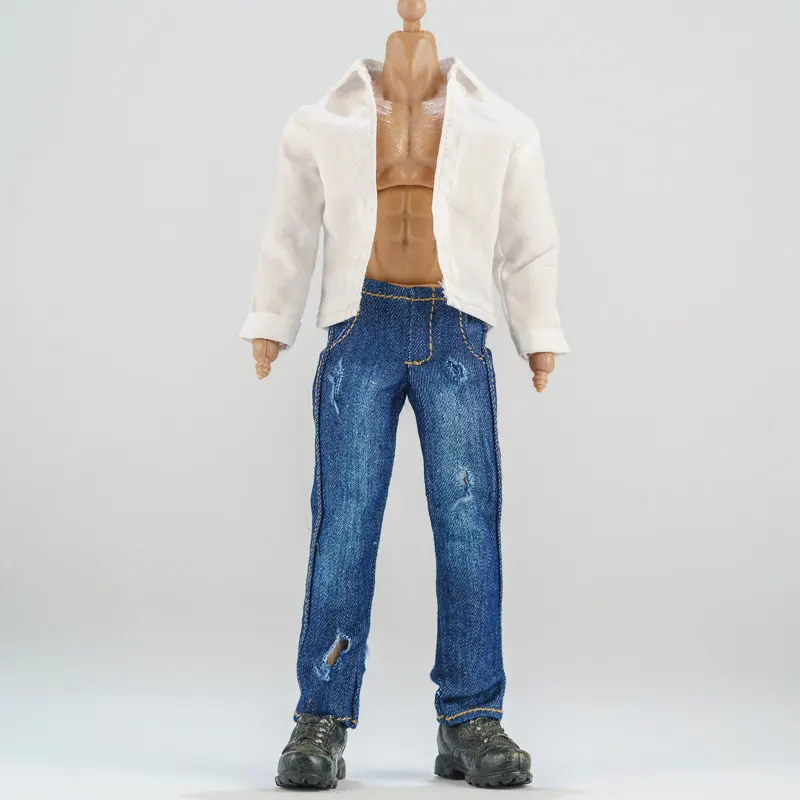 1/12 Scale fashion Male Soldier Washed Hole Denim Jeans Shirt Set Clothes Model for 6inch Action Figures Toys Body Dolls