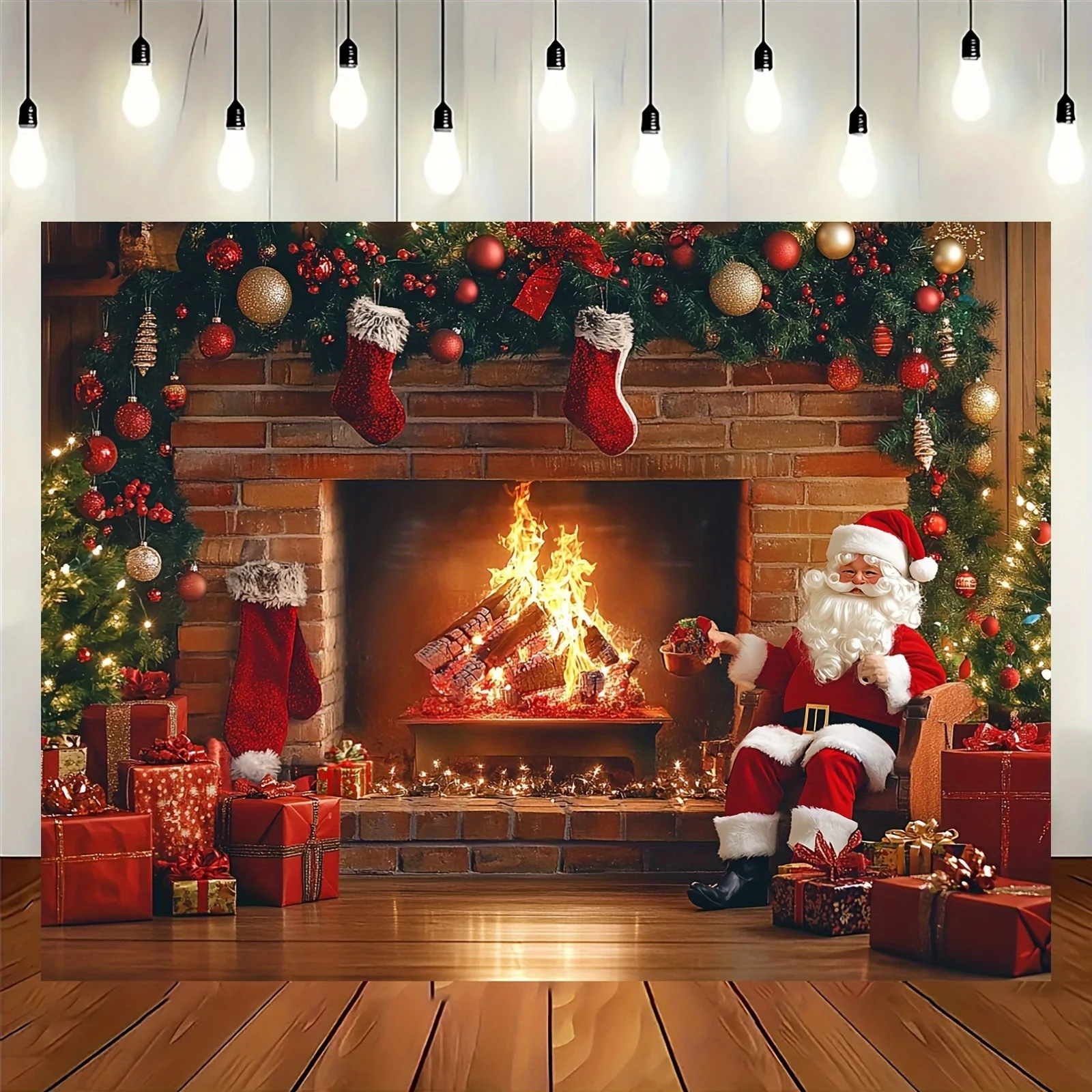 1 x Polyester-Weihnachtskamin-Fotohintergrund mit Vintage-Weihnachtsbaum und Strümpfen – Partydekoration, Fotostudio