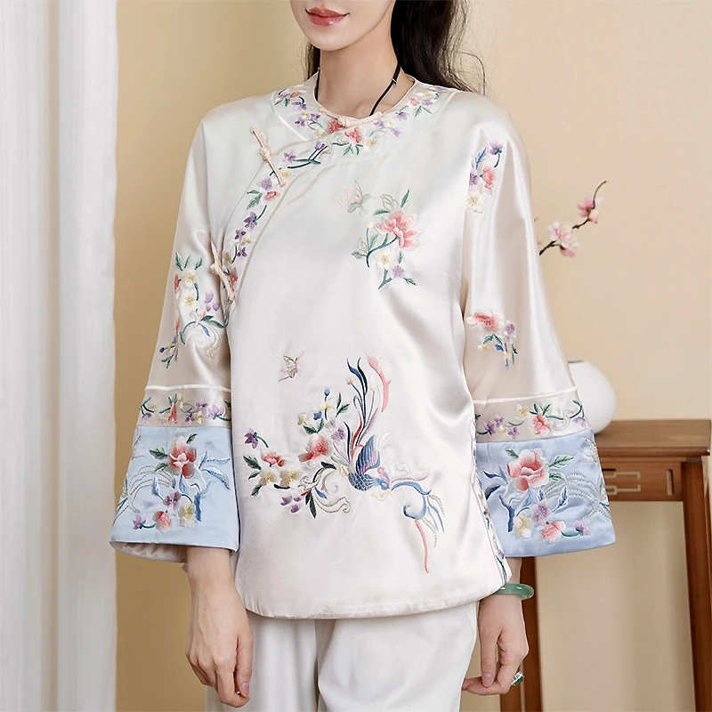 High Quality Chinese Style Cotton Jacket Women's Winter Vintage Embroidery Acetate Spliced Contrasting Color Cuffs Coat S-XXL