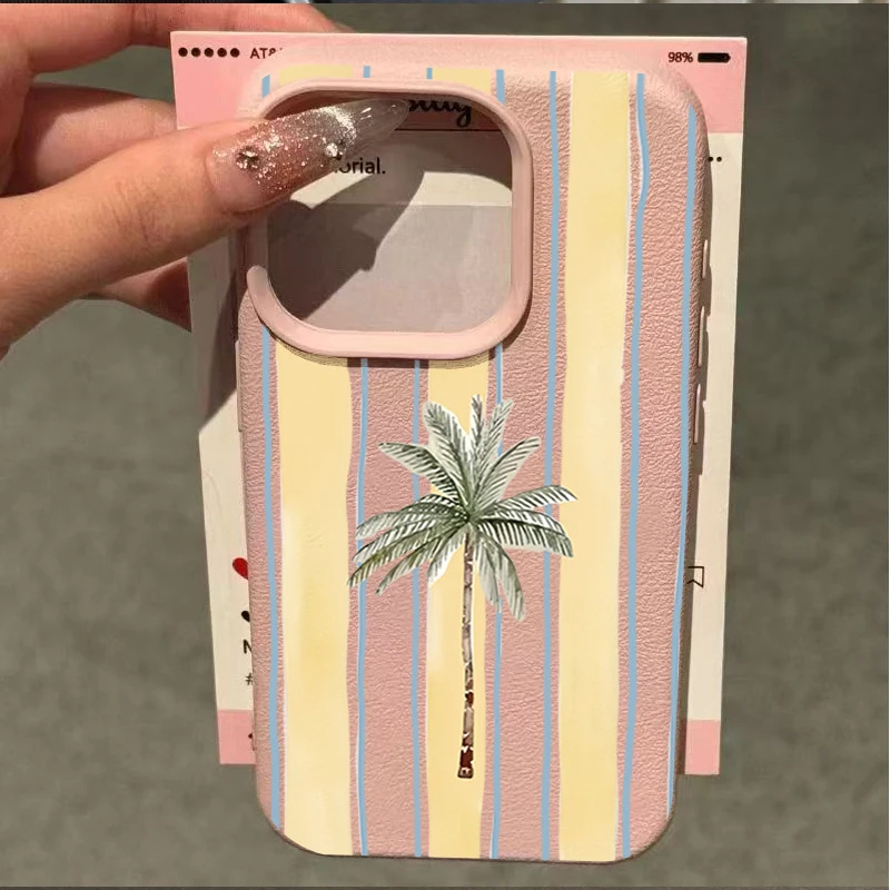 

Yellow Striped Coconut Tree Trendy Pattern Full Wrap Lychee Texture Phone Case For iPhone 17 16 15 14 13 12 11 Pro Max Air Cover