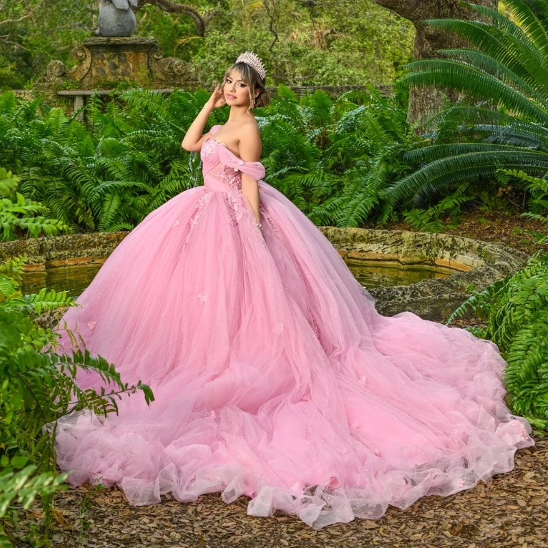 

Розовое блестящее бальное платье принцессы, платье для Quinceanera, с открытыми плечами, аппликация, кружева, бусины, тюль, милое платье 16, платье, платья 15 лет