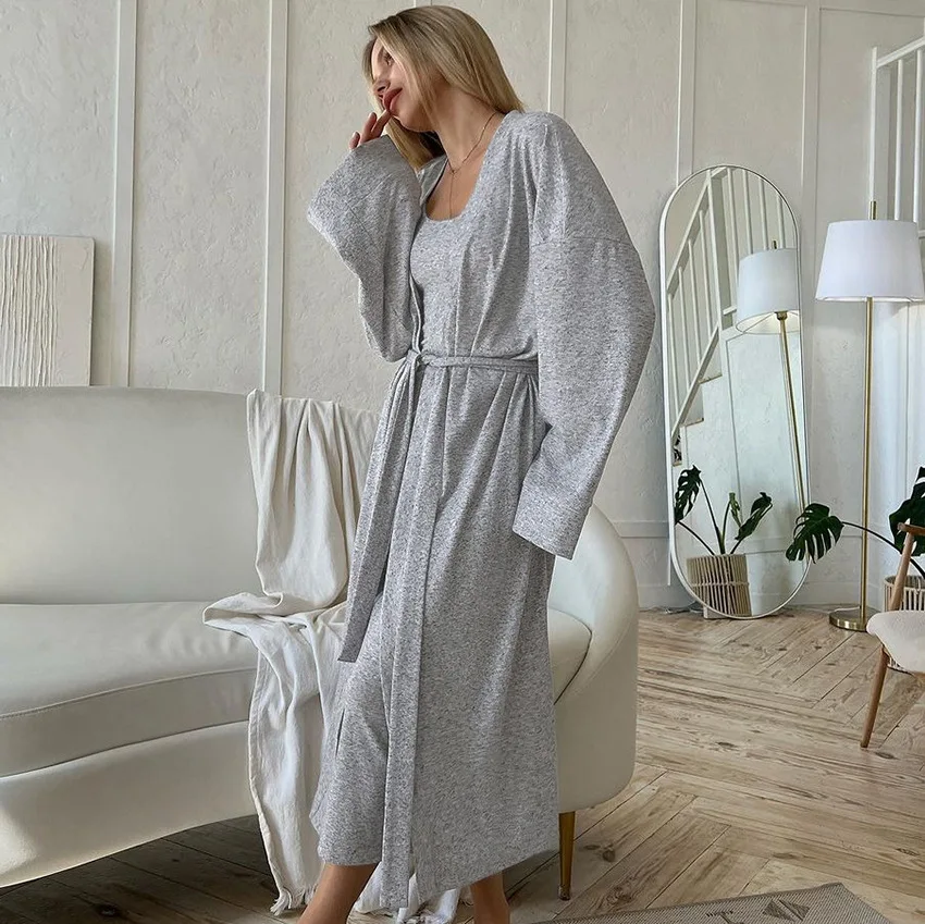 ฤดูใบไม้ผลิใหม่ลายสีเทาบุคลิกภาพสลิง Nightdress แขนยาว Robe 2 ชิ้นชุดสําหรับสตรีชุดนอน 2 ชิ้นเสื้อผ้า