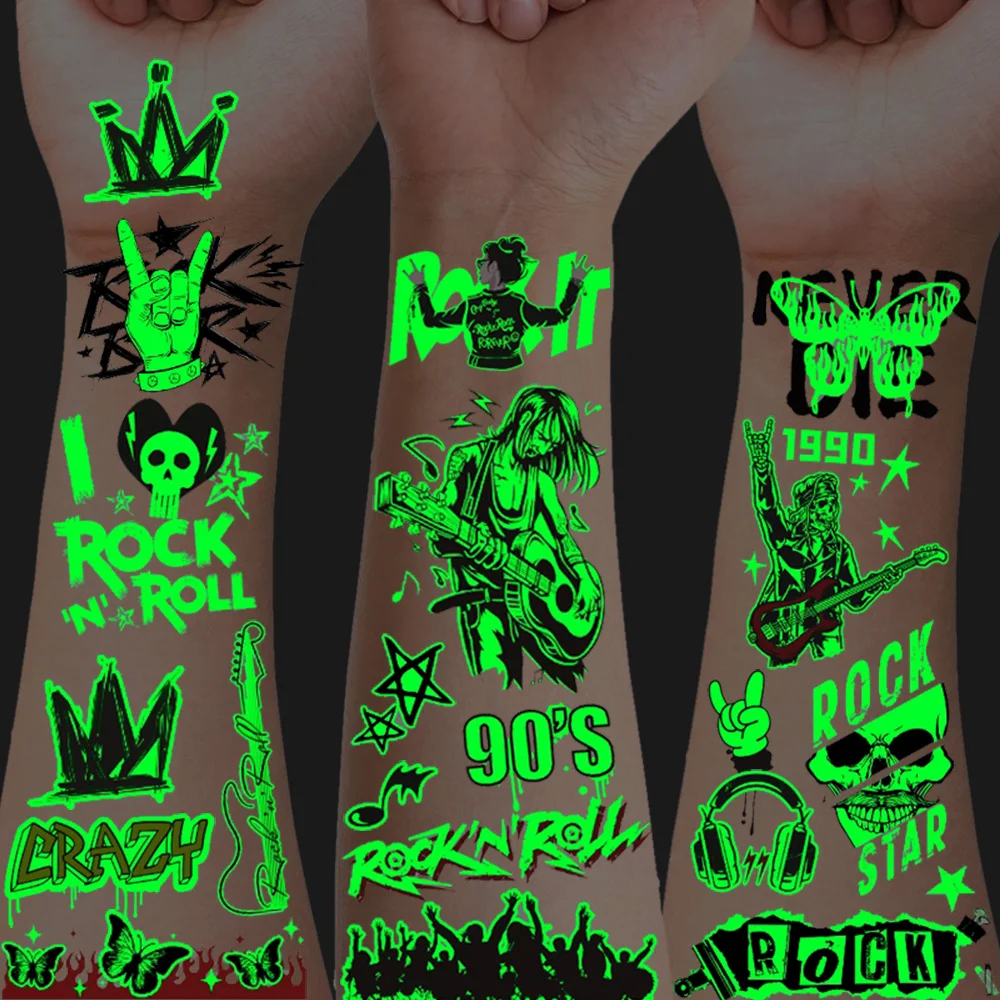 12 Sheets Luminous Music Rock & Roll Temporary Tattoos, Music Birthday Party Supply, Gifts, Nightclub Music Festival Party Decor