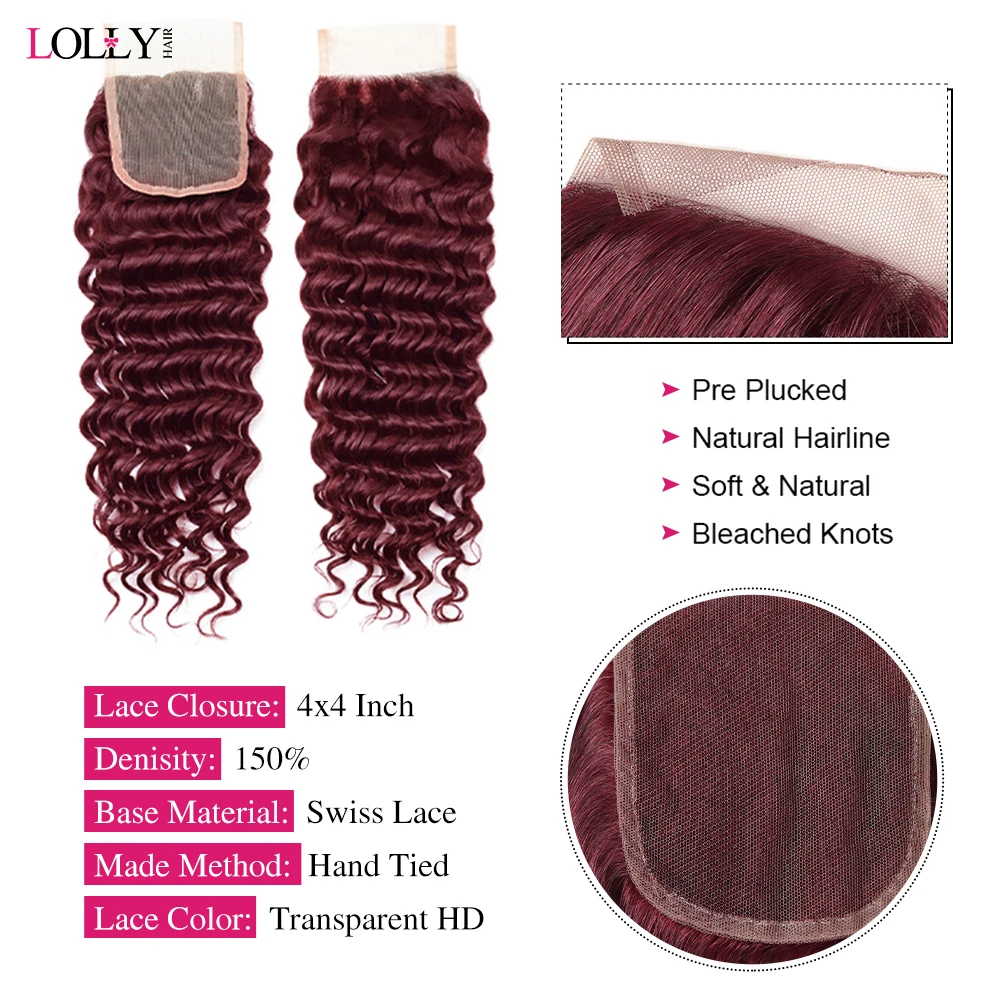 Burgundy 99J Deep Wave Bundles With Closure Brazilian Human Hair Bundles With Closure 4x4 Hair Extension For Women 28 30 Inch