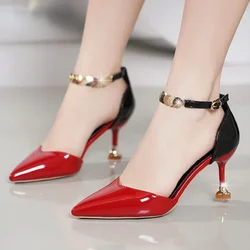 2024 Zapatos De Mujer Women Fashion Sweet Pointed Toe Buckles Strap Stiletto Heels Lady Cool Red Party Heel Shoes White Heels