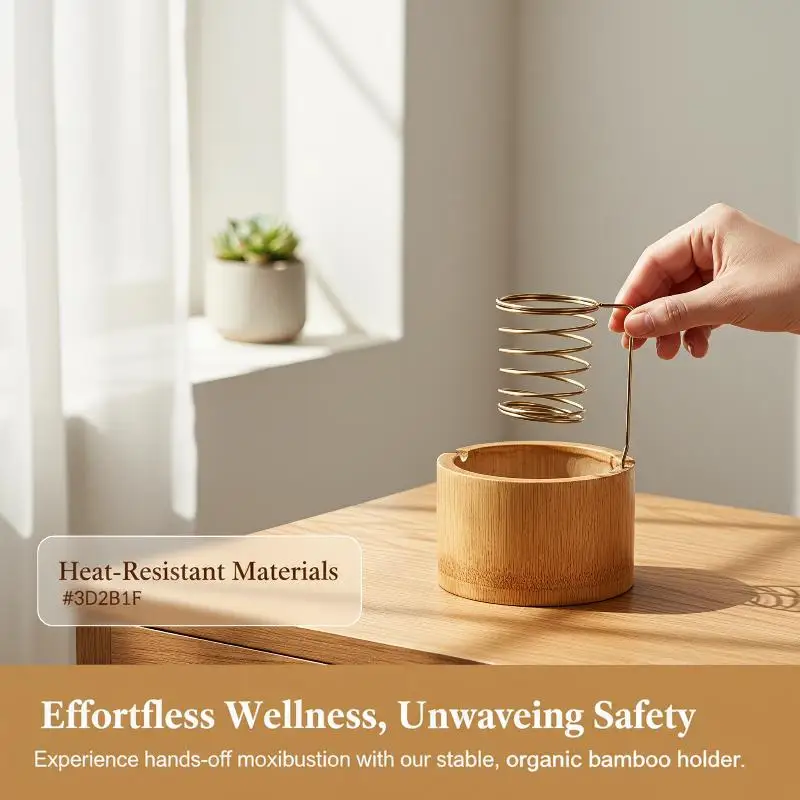 Odor-free Natural Bamboo Moxibustion Stick Holder with Metal Spring Ash Tray Non-toxic Moxa Stand for Home Daily Therapy