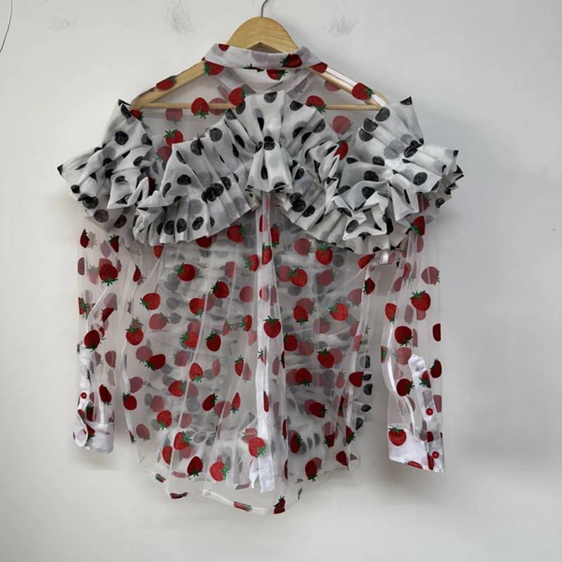 PFHQ Men Shirts Sheer Strawberry Print Mesh Polka Dot Ruffle Patchwork Design Single-breasted Long Sleeve Male Shirt 21E6885