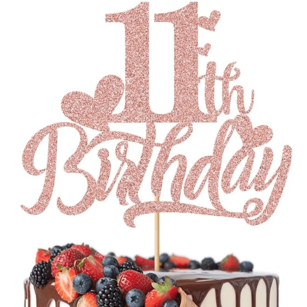 Roségoldener Tortenaufsatz zum 11. Geburtstag – glitzernde Roségold-Kuchendekoration zum 11. Geburtstag, eleganter Tortenaufsatz zum Kindergeburtstag – Detail 1