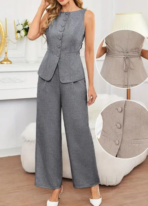 

Весенне-летний тонкий дышащий женский топ без рукавов из двух частей с завязками на молнии, модный комплект французских широких брюк