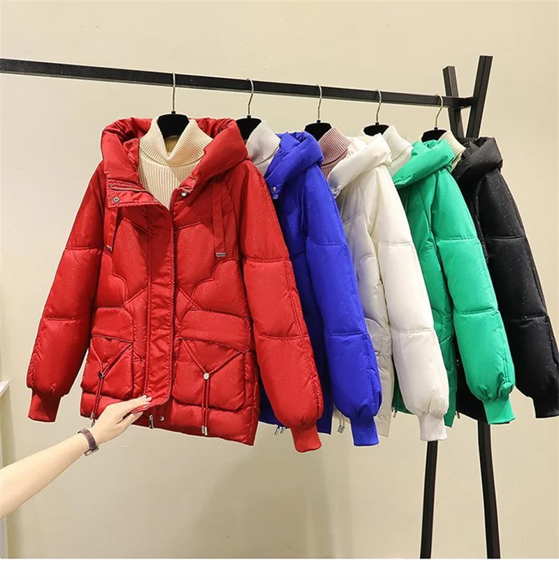 

Winter Jacket Parkas Women 2023 New Glossy Down Cotton Jacket Hooded Parka Warm Cotton Padded Jacket Casual Outwear Female Tops