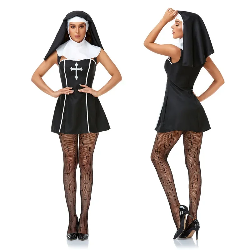 Pasqua Halloween Cosplay Party Costume adulto Sexy Nun femminile sacerdote preghiera insegnante vestito senza maniche in bianco e nero vestito da palcoscenico