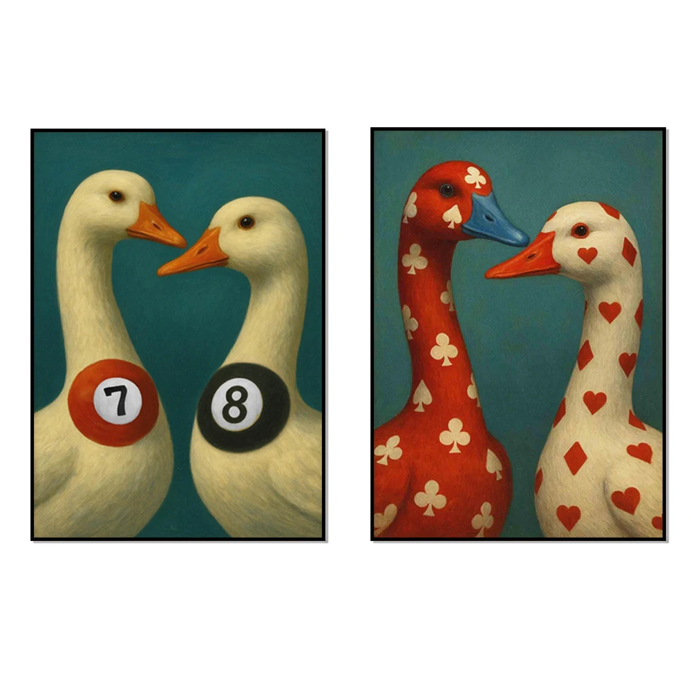 Goose pop art, lucky 7 and 8 ball print, fun retro spade ace, quirky style billiards themed game room wall art decor poster