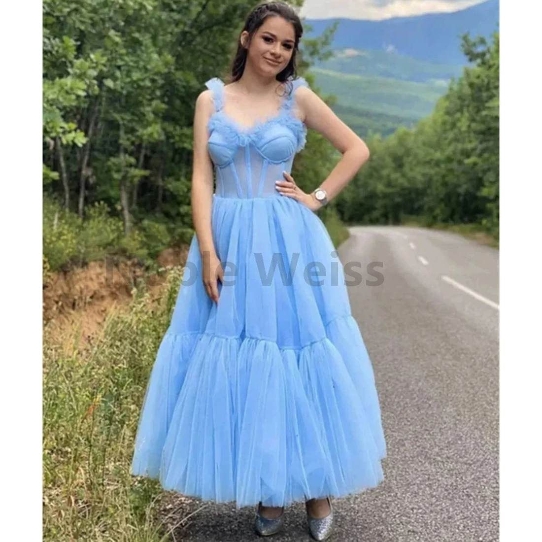 Gaun Prom A-LINE SWEETHEART Tulle Wiru untuk Pesta Wanita Malam Pernikahan Sesuaikan