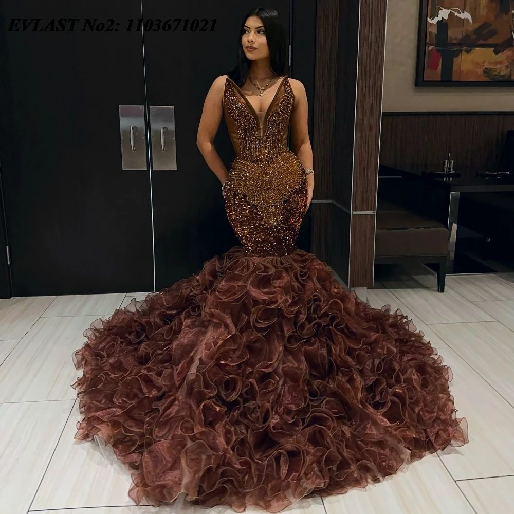 EVLAST Customized Shiny Brown African Prom Dress For Black Girls Ruffles Crystal Beaded Corset Mermaid Formal Party Gown E2P201