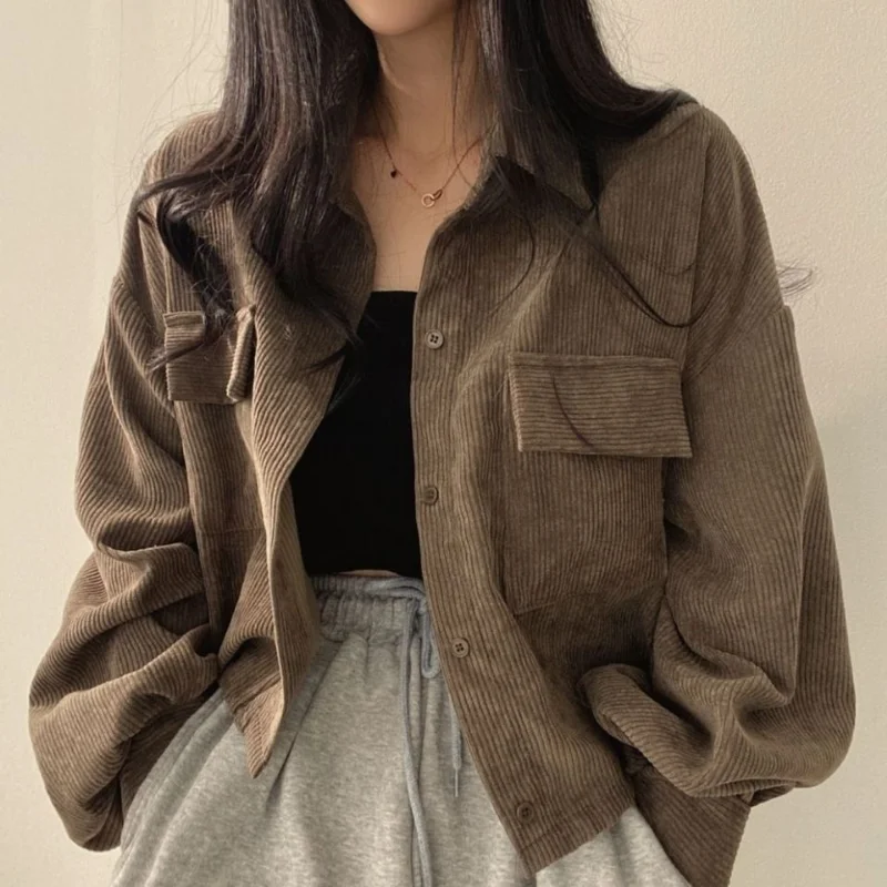 Crop Jackets Women Corduroy Pure Simply Vintage Korean Fashion Button-up Clothing Baggy Temper Куртка Женская Teens Streetwear