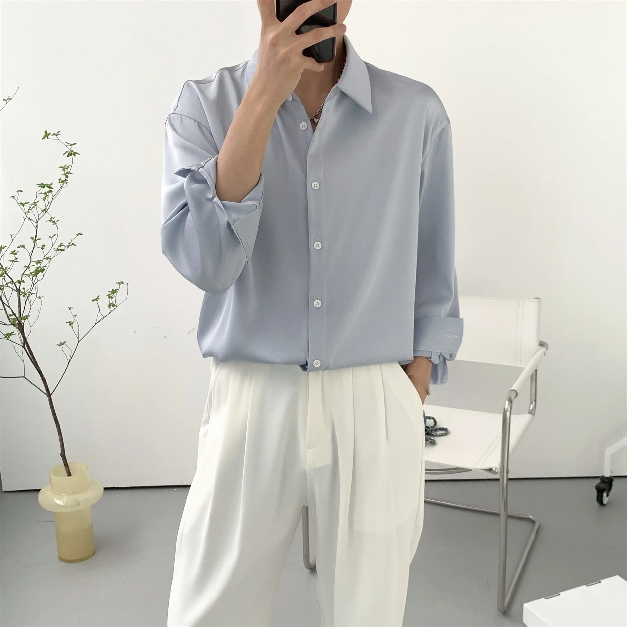 

Light Blue Men's Long Sleeve Shirt Loose Casual Style Korean Trend Spring Autumn High Sensation Sunscreen Casual Shirt