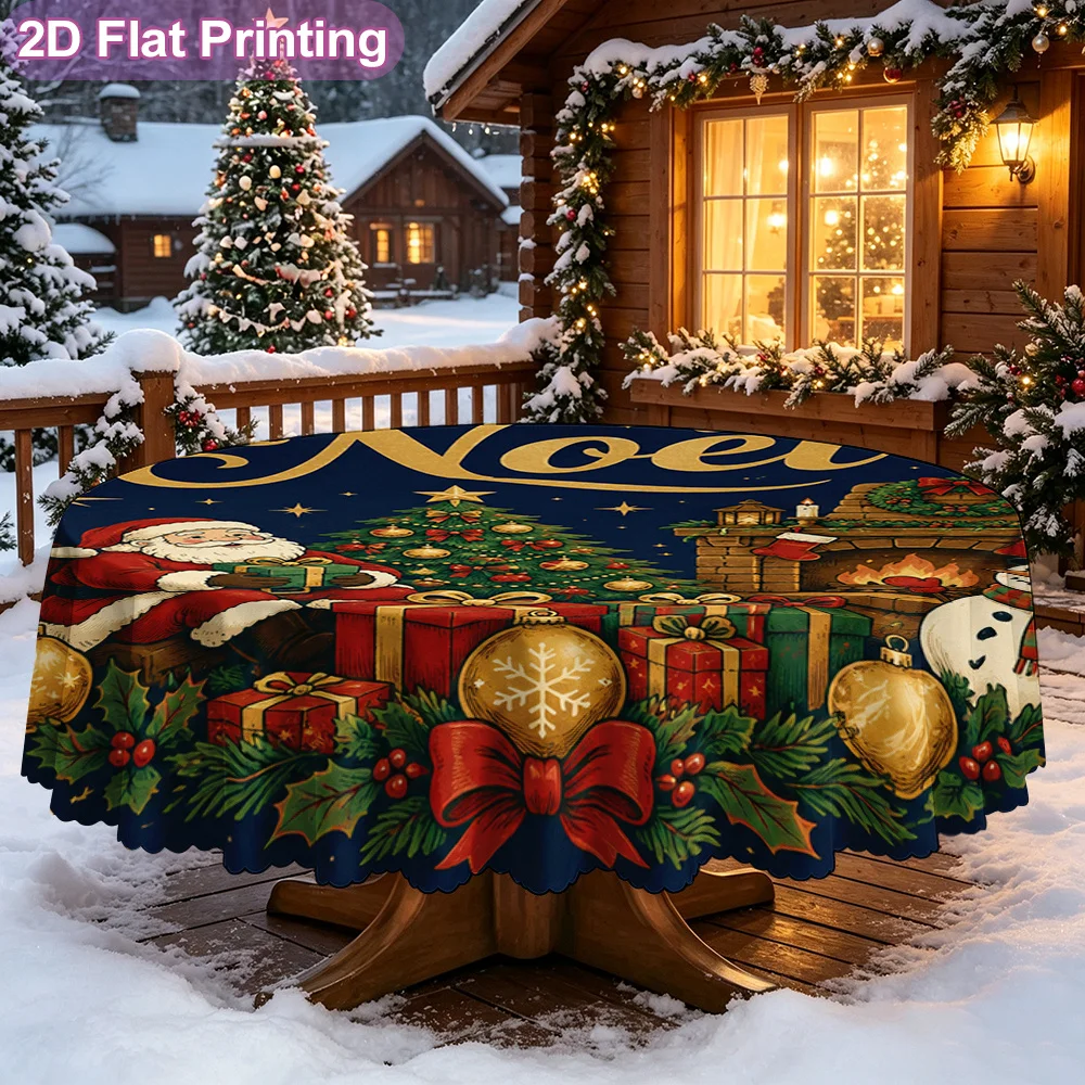 2D flat 1 piece round polyester tablecloth with Knoll Christmas scene and Santa snowman art design, tablecloth table decoration