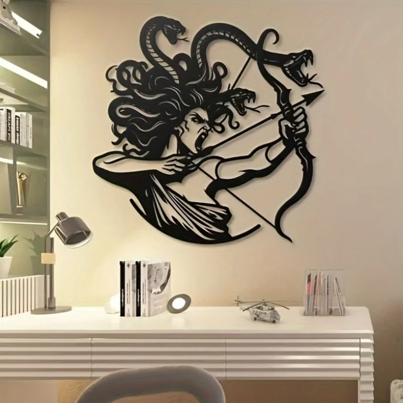 1pc Medusa Archer Metal Wall Art, Greek Mythology Decor, Fierce Serpent-Haired Warrior Sculpture,