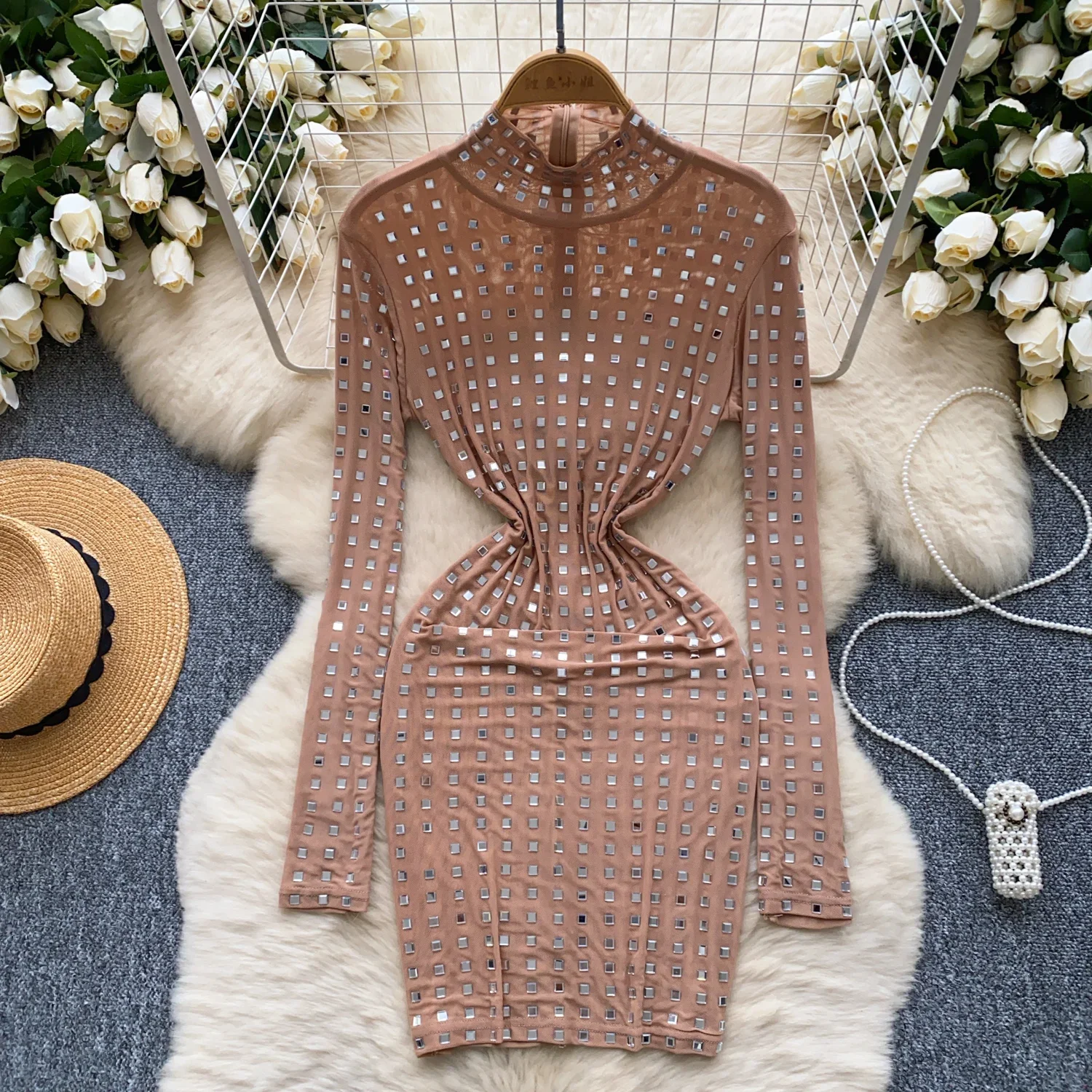 Vintage Half High Collar Elegant Long Sleeve Chic Rhinestone Slim Short Dresses Korean Sexy Evening High Street Autumn Clothing