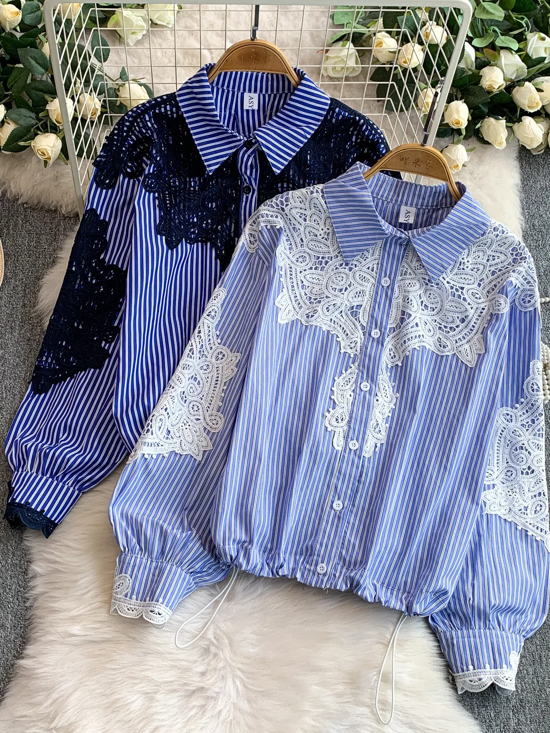 

Ретро-топ с кружевными вставками и полосками, свободного кроя, с завязками, повседневный, для женщин, с длинными рукавами, визуально стройнящий