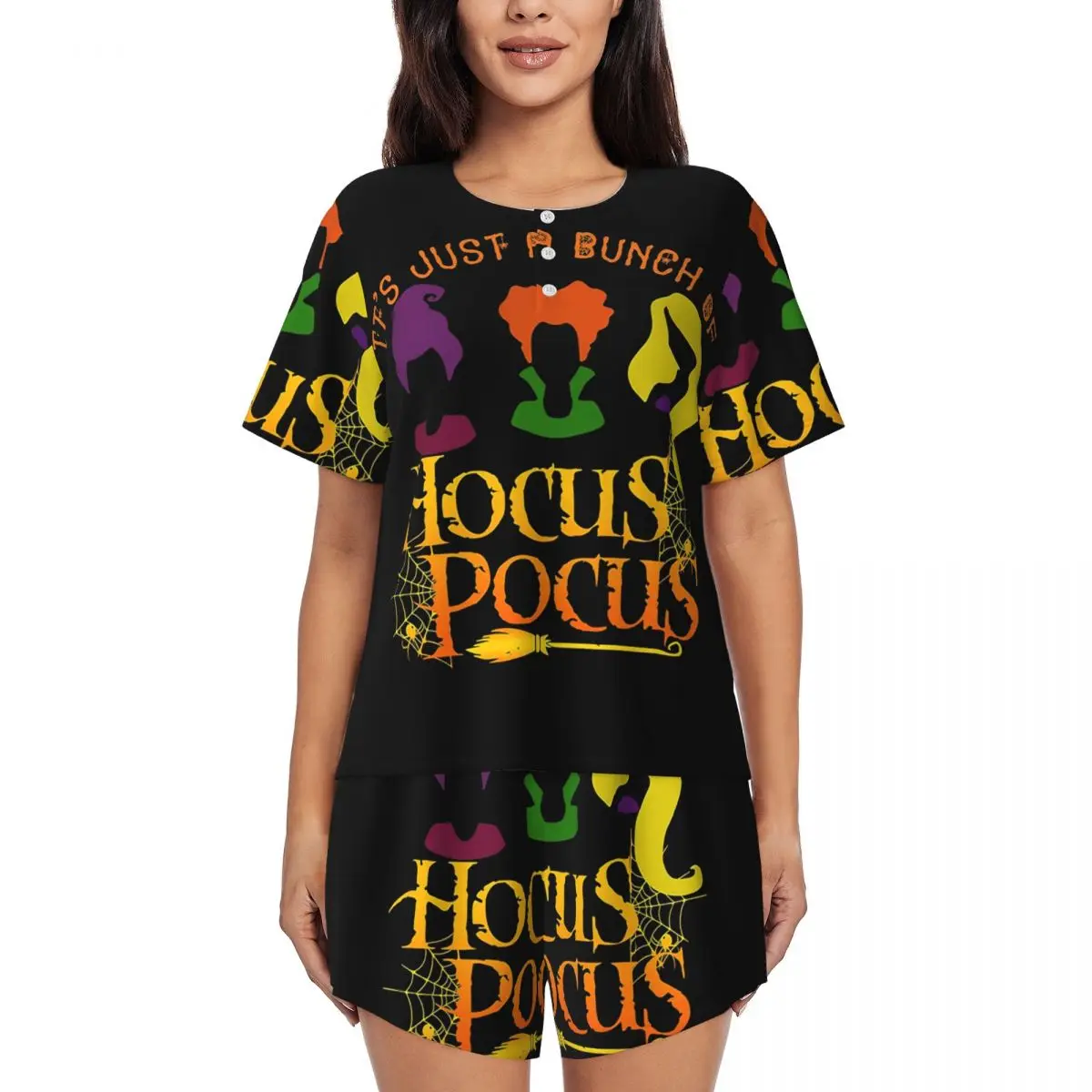 

Ночная Пижама Hocus Pocus на заказ, комплекты для Хэллоуина для женщин, 2 предмета, пижама с короткими рукавами из мультфильма «ведьма ужас», одежда для сна