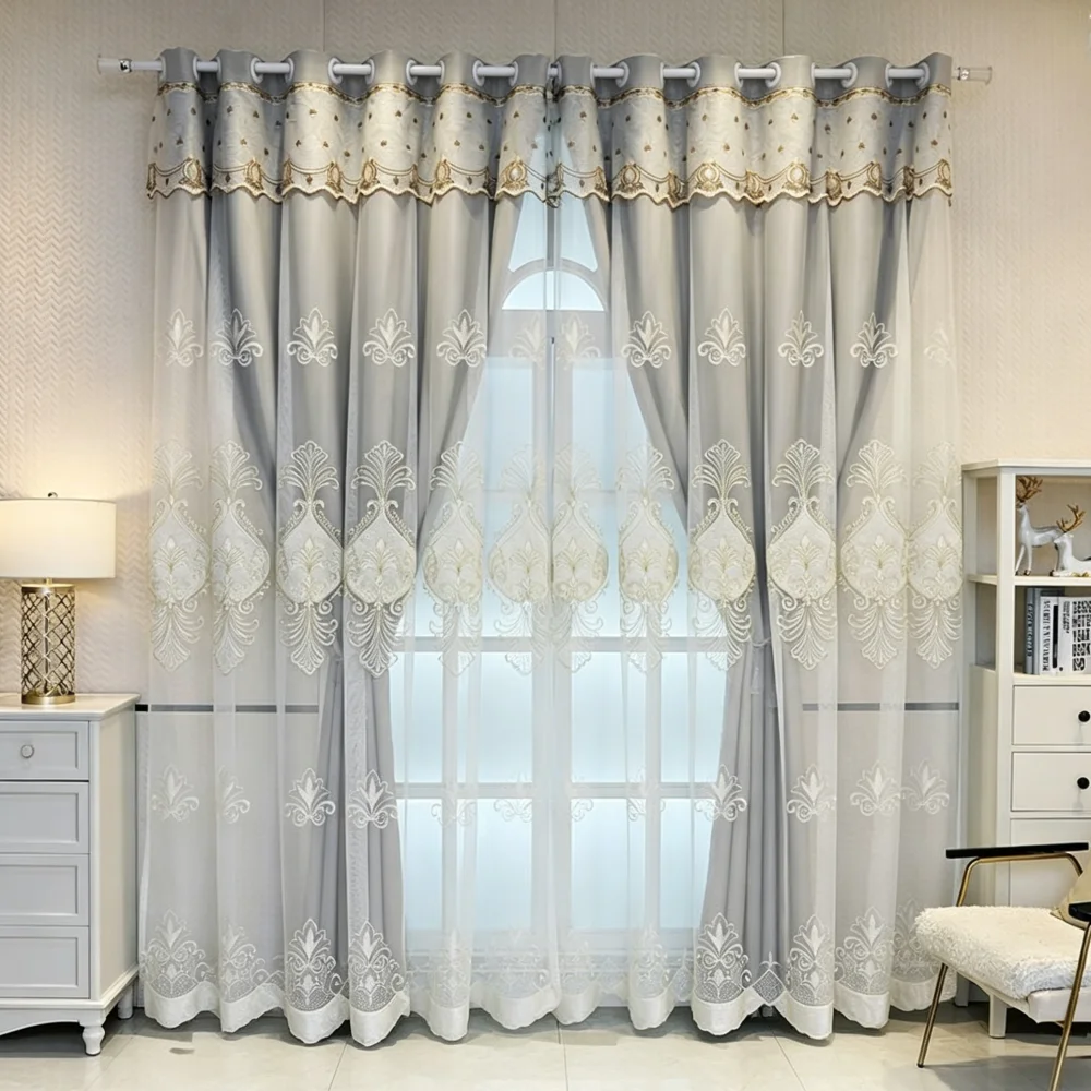 Luxury Double Layer Blackout Curtain with Embroidered Sheer Panel Elegant for Bedroom & Living Room, Light Blocking & Privacy