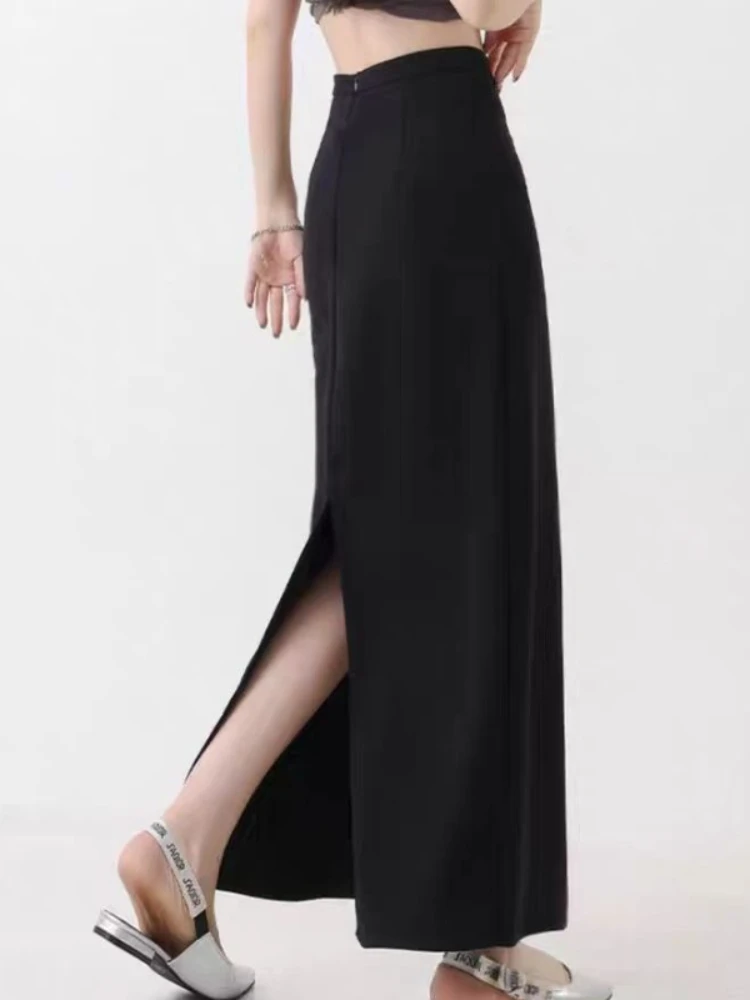 

2024 New Fashion Casual Solid Slit Straight Cylinder Skirt High Wasit Zipper Vintage Streetwear Women Spring Summer Long Skirts