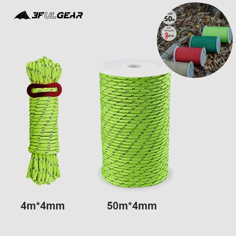 

3F UL GEAR Outdoor Camping Tent Rope Awning Canopy Reflective Ropes 50m/4m Adjustable Hiking Tent Wind Rope Paracord Accessories