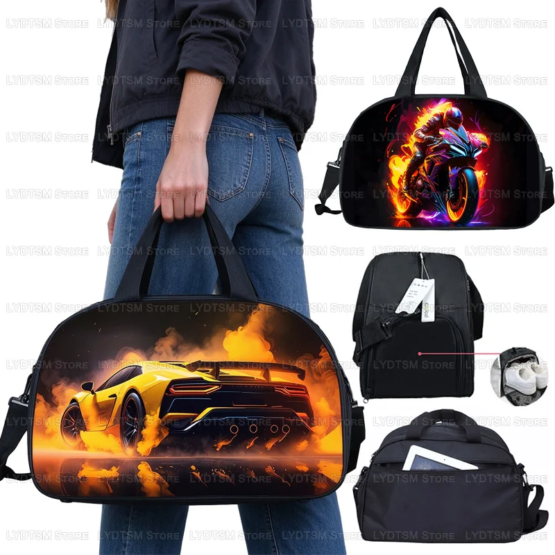 Cool Sport Motorcycle Racing Car Travel Totes Women Men Gym Crossbody Bag Motorbike Multifunctional Travel Duffle Bag Shoes Bags