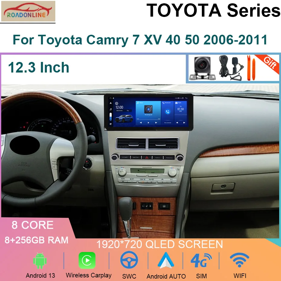 

12.3" 4G Carplay Android 13 Car Radio Multimedia Video Player For Toyota Camry 7 XV 40 50 2006-2011 Navigation GPS Head Unit