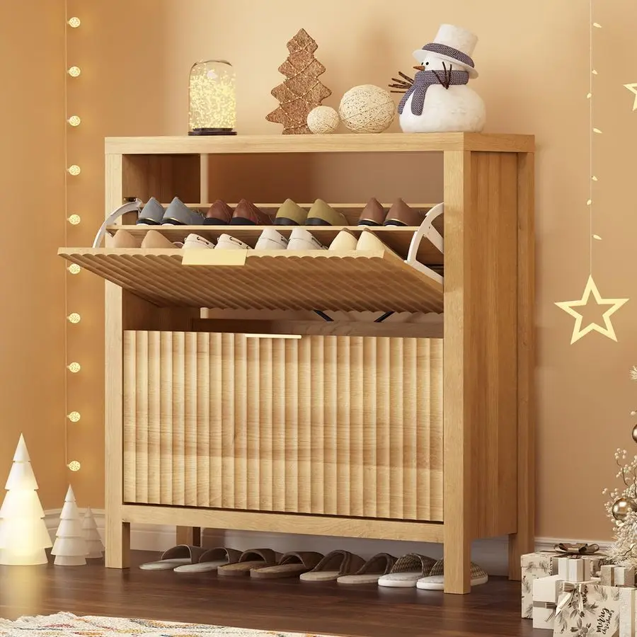 

Cabinet Storage for Entryway, Fluted Shoe Cabinet with 2 Flip Drawers, Hidden Shoe Rack Tall Freestanding Shoe Orga Customizable