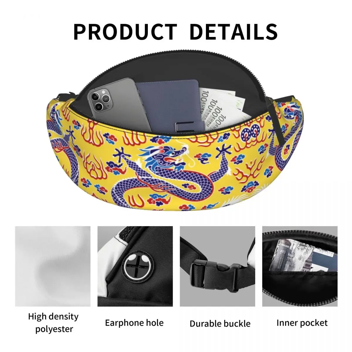 Dragon Art Fanny Bag para homens e mulheres, bolsa de cintura transversal, bolsa de dinheiro para telefone de corrida, mito asiático, estilo tradicional personalizado vintage