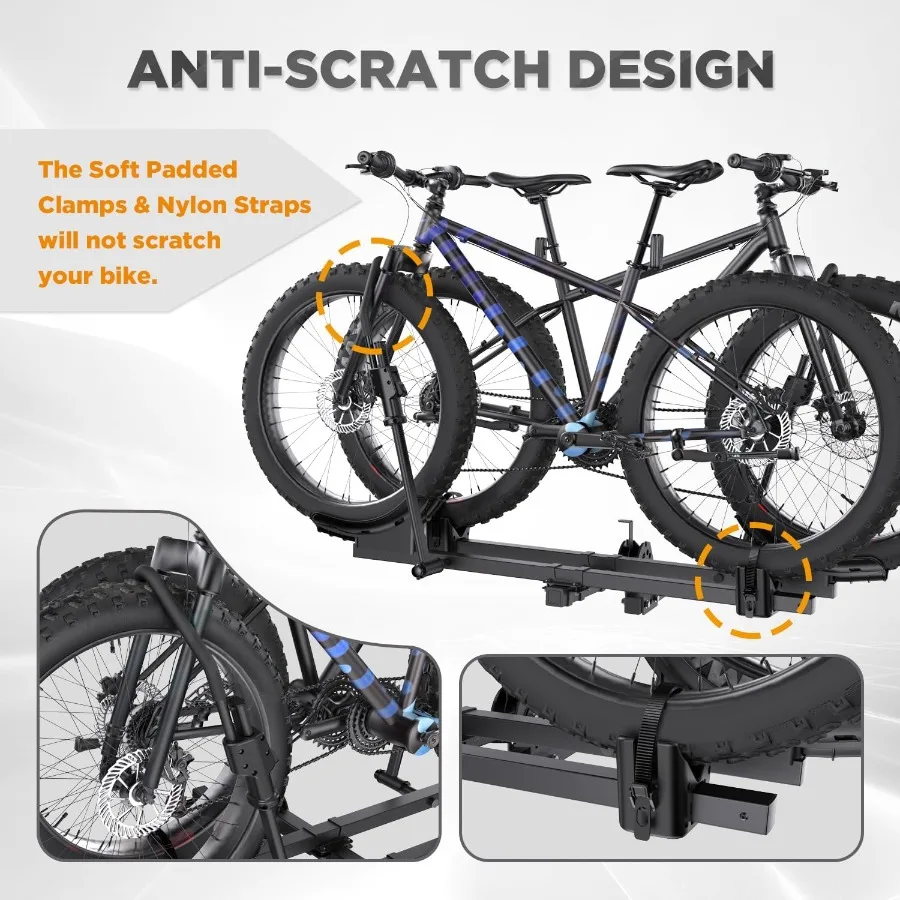 رفوف الدراجة لـ Ebikes رف الدراجة ذو الإطارات الدهوية لدراجة Tow Hitch 2Bike سعة 200 رطل منصة إمالة ذكية لـ EBikes القياسية يناسب 2